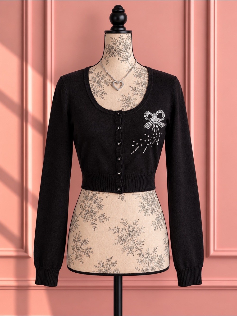 Y2K Black Cropped Button-Front Cardigan with Rhinestone Bow Size M